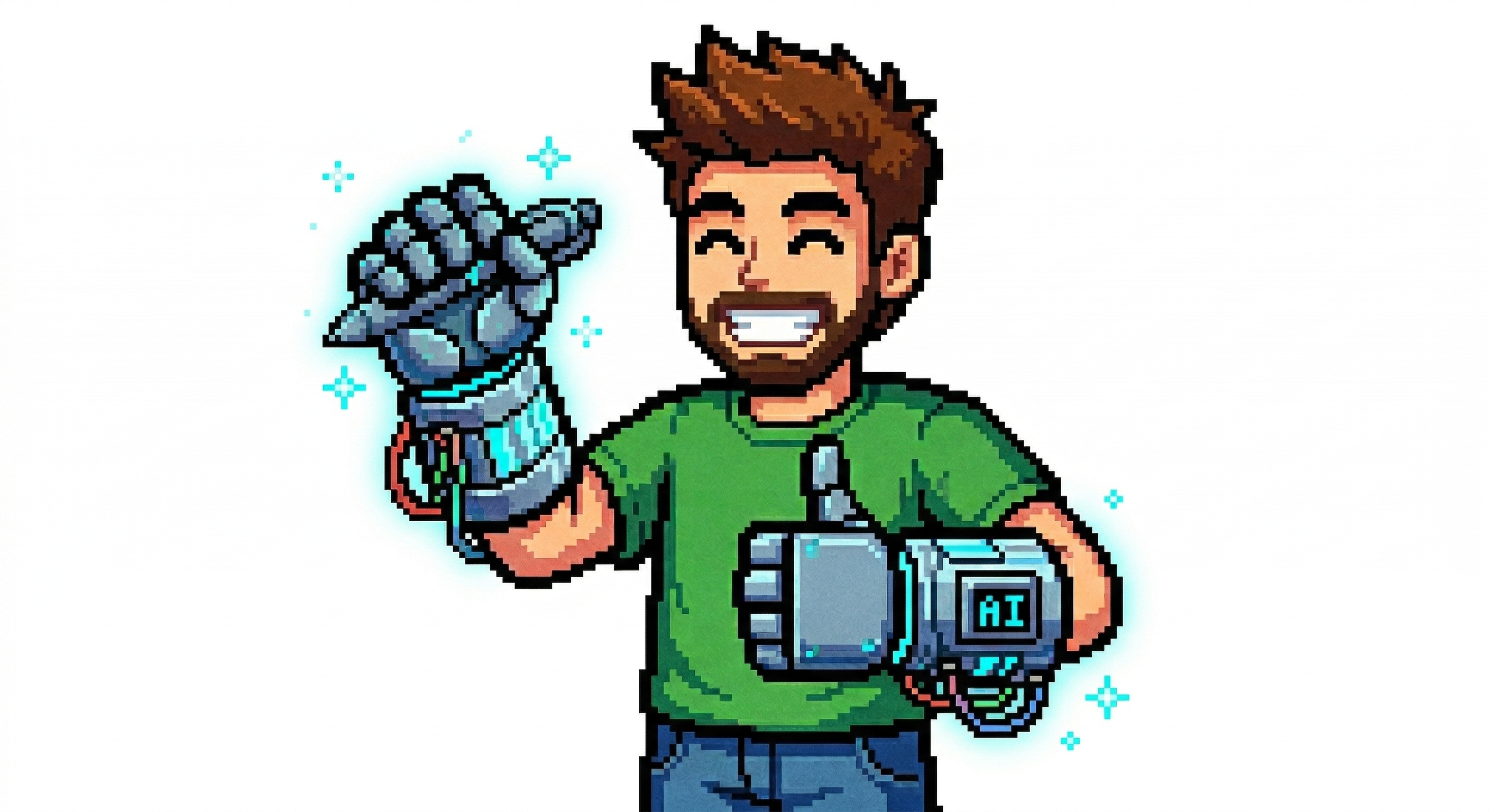 8-bit image of a happy person with robotic AI gloves on