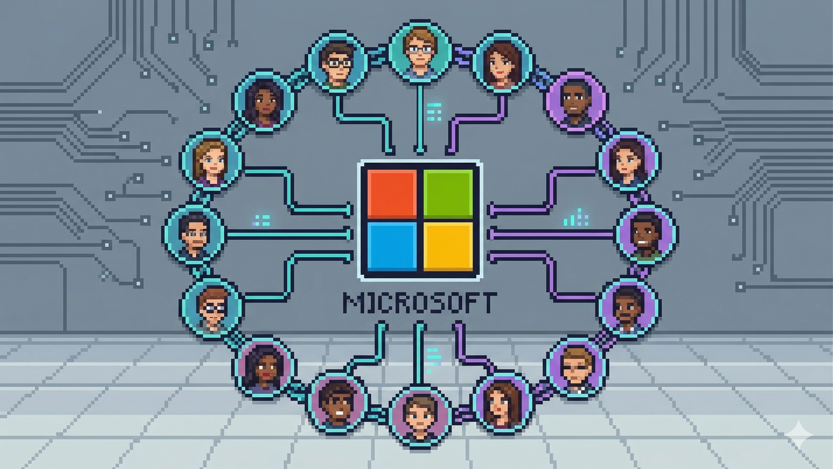 8-bit microsoft logo with connected profile headshots
